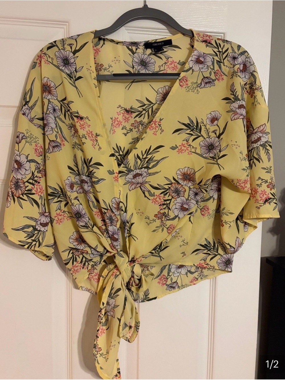 Forever 21 Yellow Floral Tie-Front Blouse